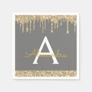 Charcoal Grau Glitzer Black Monogram Birthday Serviette