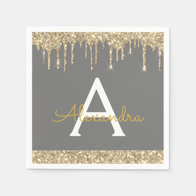 Charcoal Grau Glitzer Black Monogram Birthday Serviette (Vorderseite)