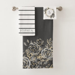 Charcoal, graue, schwarze Rose, Floral Monogramm N Badhandtuch Set