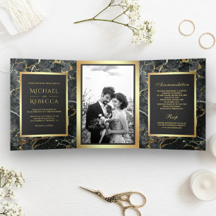 Charcoal Graumarmor Imitate Gold Foil Foto Hochzei Dreifach Gefaltete Einladung