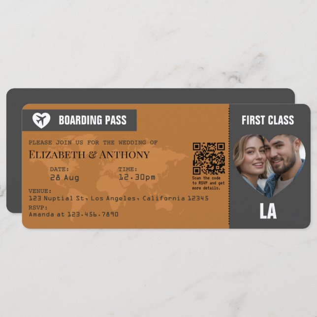 Charcoal Gray & Copper Boarding Pass Wedding Einladung (Vorne/Hinten)