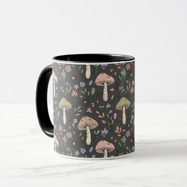 Charcoal Gray Earthy Fungi Seamless Pattern Modern Tasse (Vorderseite Links)