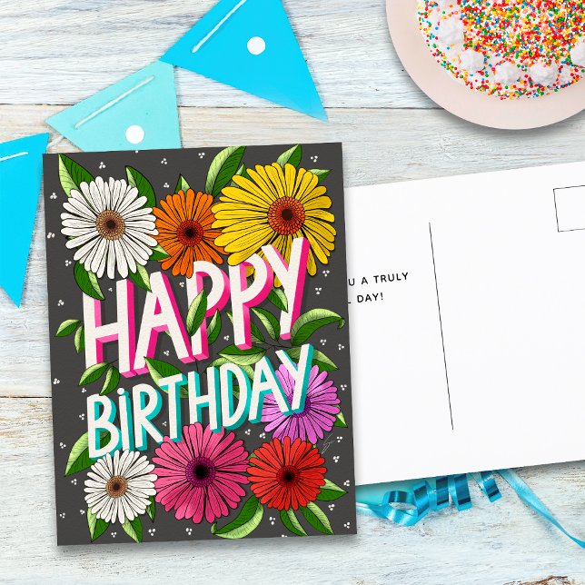 Charcoal Gray Floral Personalisiert Happy Birthday Postkarte (Von Creator hochgeladen)
