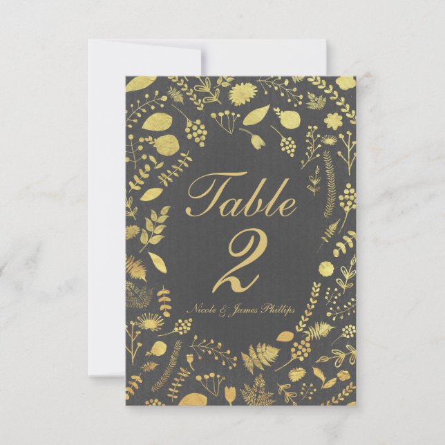 Charcoal Gray & Gold Floral Wedding Table Card Einladung (Vorderseite)