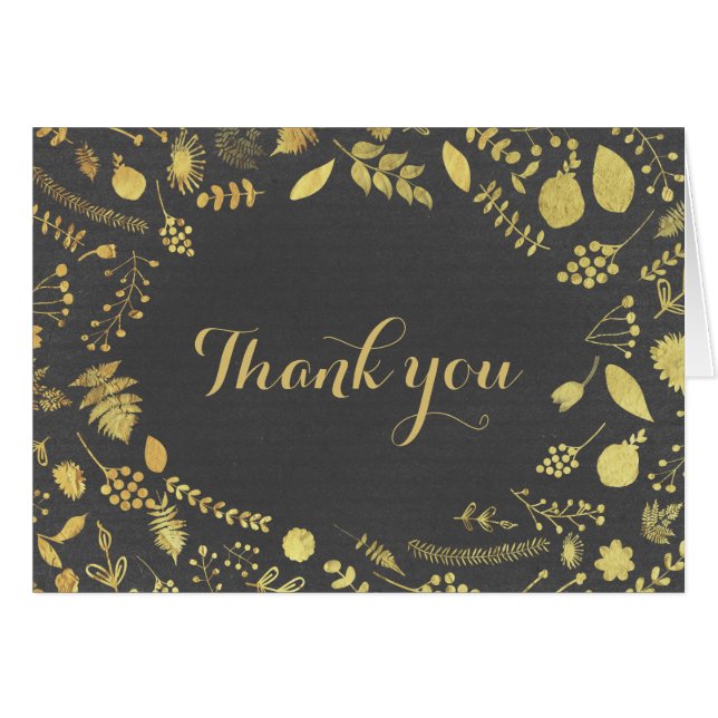 Charcoal Gray & Gold Floral Wedding Vielen Dank (Vorderseite (Horizontal))