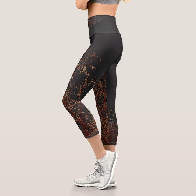 Charcoal Gray Golden Tree Brunches Sky Capri Leggings (Links)