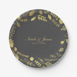 Charcoal, Gray & Imitate Gold Floral Wedding Telle Pappteller