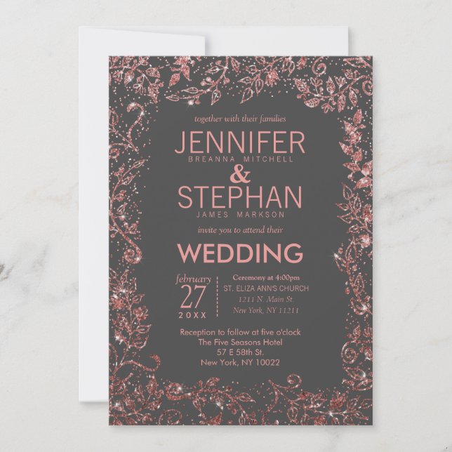 Charcoal Gray Rose Gold Floral Glitzer Wedding Einladung (Vorderseite)
