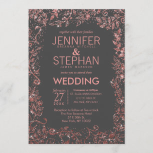 Charcoal Gray Rose Gold Floral Glitzer Wedding Einladung