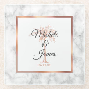 Charcoal Gray Rose Gold Palm Tree Marmorhochzeit Glasuntersetzer