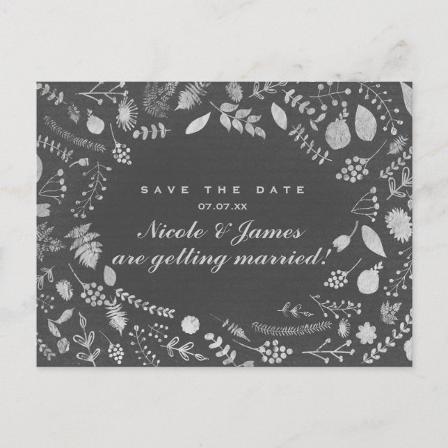 Charcoal Gray Silver Floral Save the Date Postkart Ankündigungspostkarte (Vorderseite)