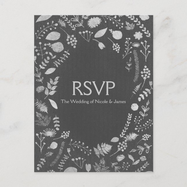 Charcoal Gray & Silver Floral Wedding RSVP Card Einladungspostkarte (Vorderseite)