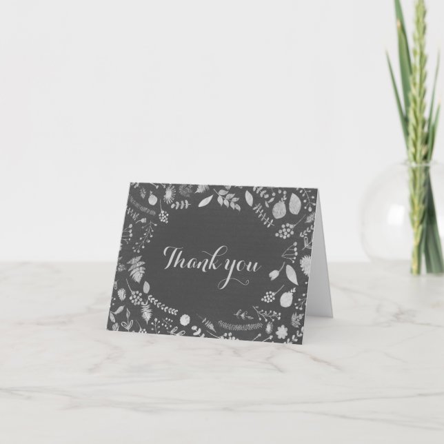 Charcoal Gray & Silver Floral Wedding Vielen Dank Dankeskarte (Vorderseite)