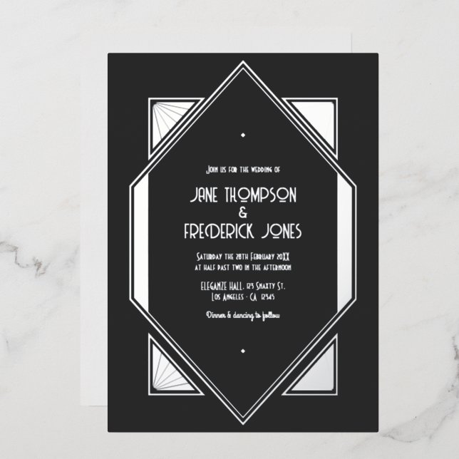 Charcoal Gray & Silver Gatsby Art Deco Wedding Folieneinladung (Vorderseite/Rückseite)