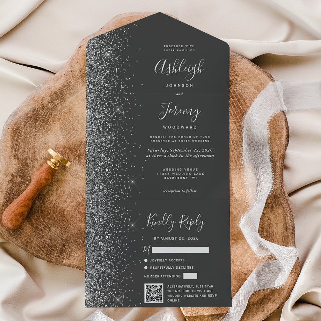 Charcoal Gray Silver Glitter QR Code Wedding All In One Einladung (Von Creator hochgeladen)