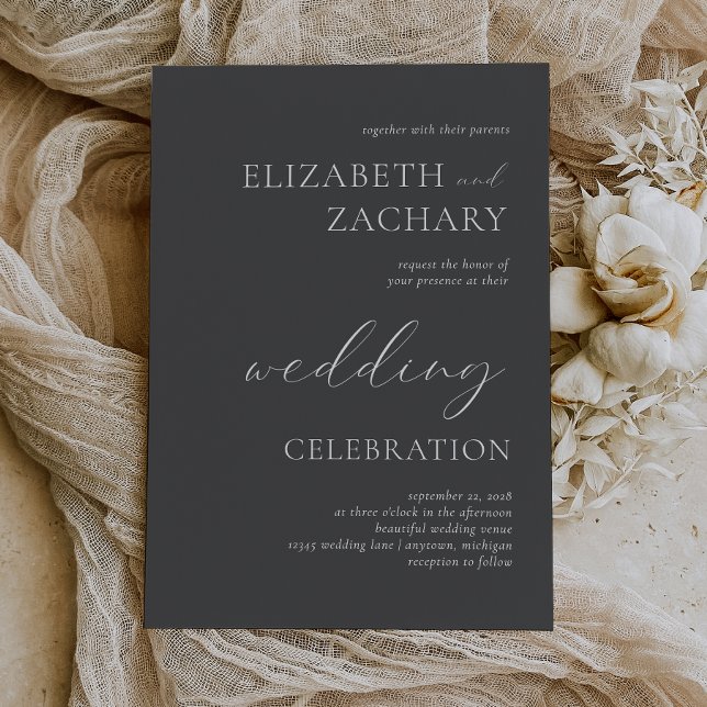 Charcoal Gray White Script Wedding Celebration Einladung (Von Creator hochgeladen)