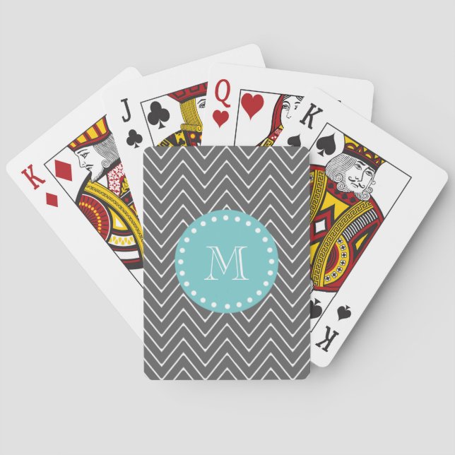 Charcoal Gray Zickzack Pattern | Aquamarin Monogra Spielkarten (Rückseite)