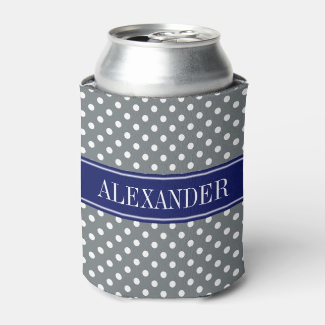 Charcoal Grey White Polka Dots Navy Name Monogram Dosenkühler (Kanne Vorderseite)