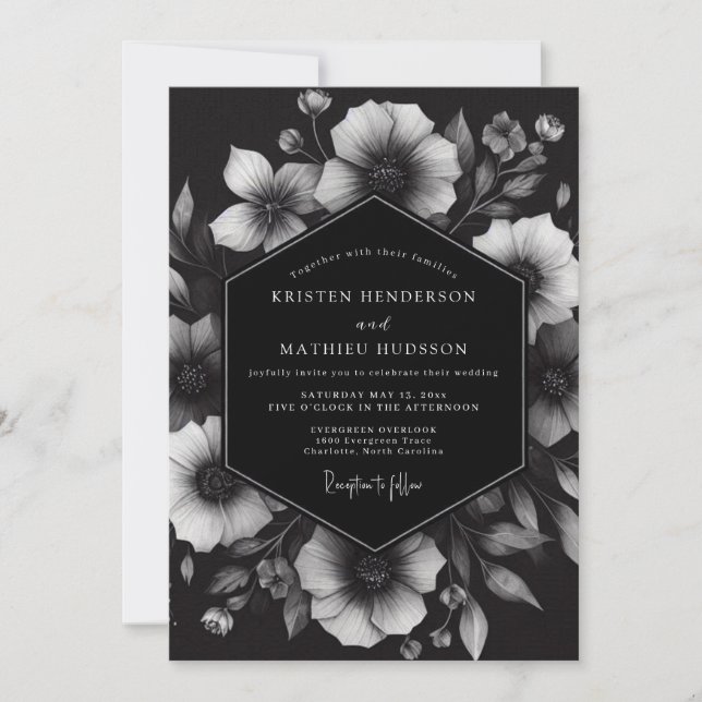 Charcoal Ink Blot Bloom Wedding Einladung (Vorderseite)