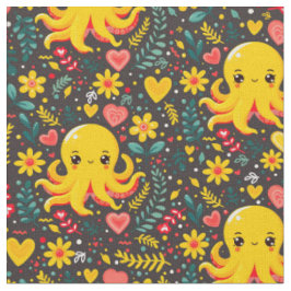 Charcoal Kawaii Octopus Floral Sea Garden Stoff