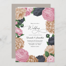 Charcoal, Light Taupe & Peony Pink Floral Wedding Einladung
