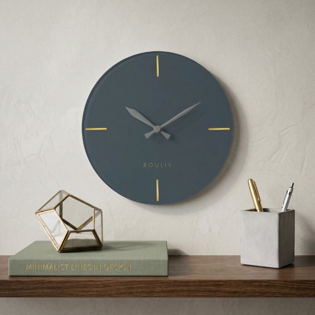 Charcoal Minimalist Architectural - Modern  Große Wanduhr (Charcoal and Gold Minimalist Architectural Wall Clock - Modern Single Line Art - Quiet Luxury Home )