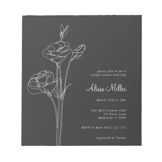 Charcoal Minimalistisch Floral Brautparty Einladun Notizblock (Vorderseite)