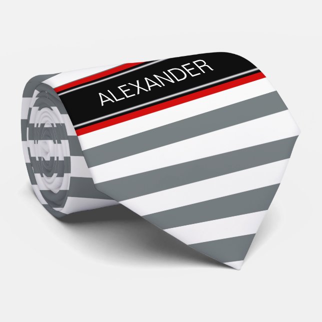 Charcoal mit Horz Preppy Strip Black Name Monogram Krawatte (Gerollt)