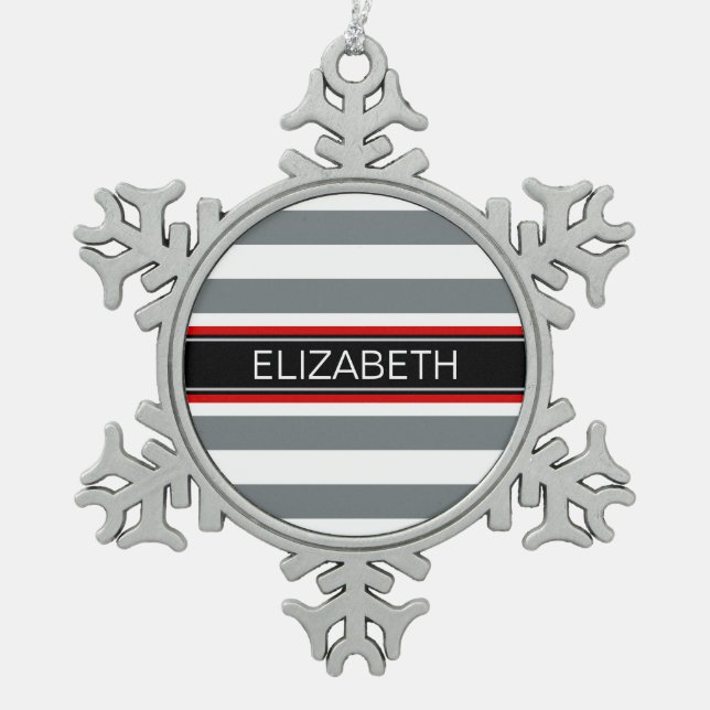 Charcoal mit Horz Preppy Strip Black Name Monogram Schneeflocken Zinn-Ornament (Vorderseite)