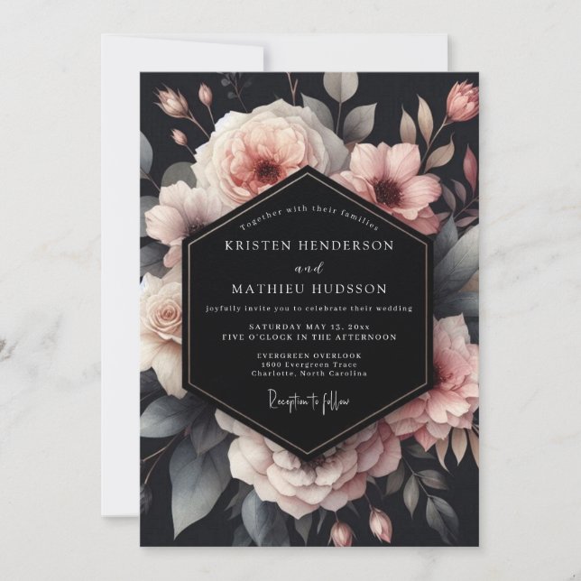 Charcoal Moody Bloom Wedding Einladung (Vorderseite)