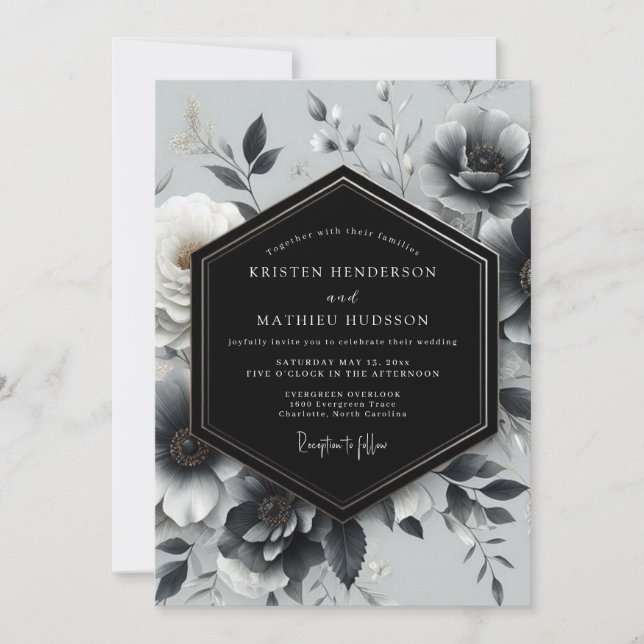 Charcoal Noir Bloom Hochzeit Einladung (Vorderseite)