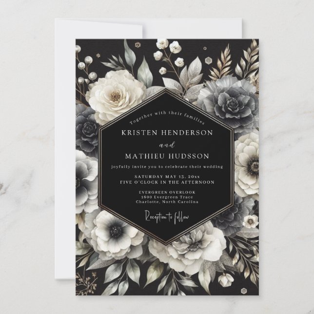 Charcoal Opulent Bloom Wedding Einladung (Vorderseite)
