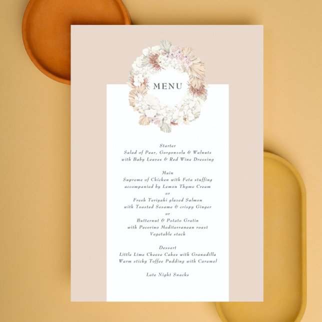 Charcoal Pampas Wreath Cream Boho Monogram Wedding Menükarte (Von Creator hochgeladen)