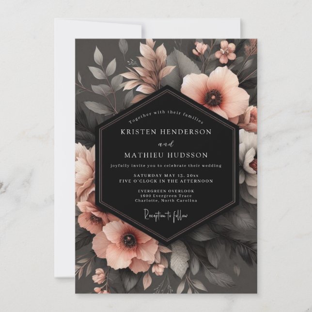 Charcoal Peach Shadowy Flora Wedding Einladung (Vorderseite)