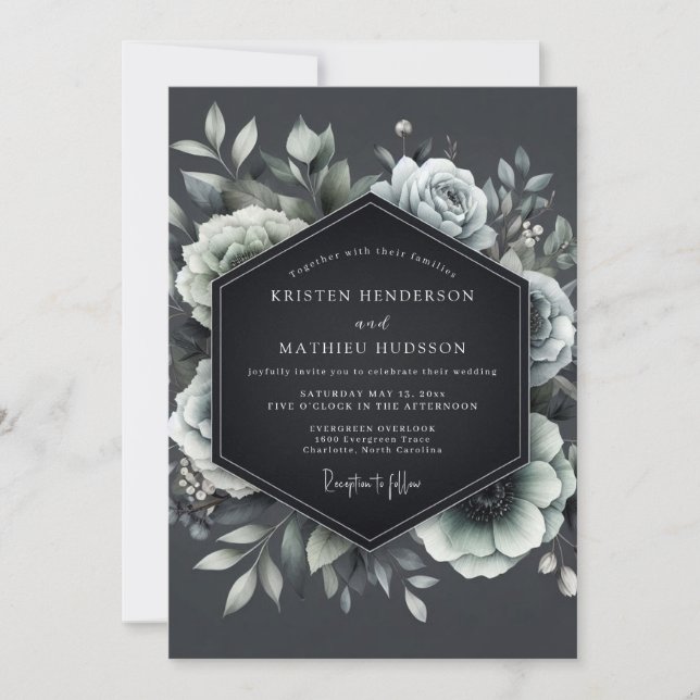 Charcoal Penumbral Bloom Wedding Einladung (Vorderseite)