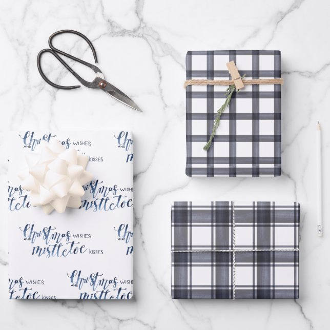 Charcoal Plaid & Christmas Wishes Script Geschenkpapier Set (Vorderseite)