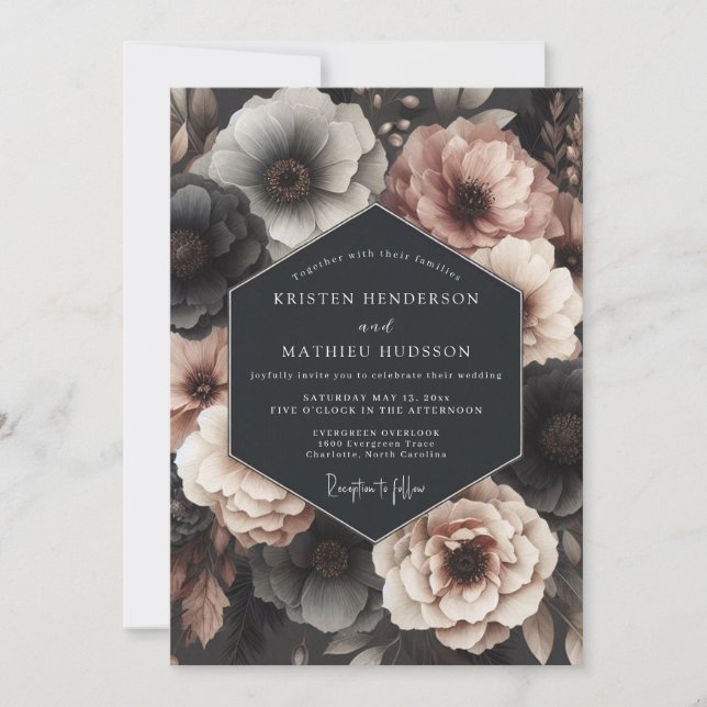 Charcoal Rose Nocturne Hochzeit Einladung (Vorderseite)