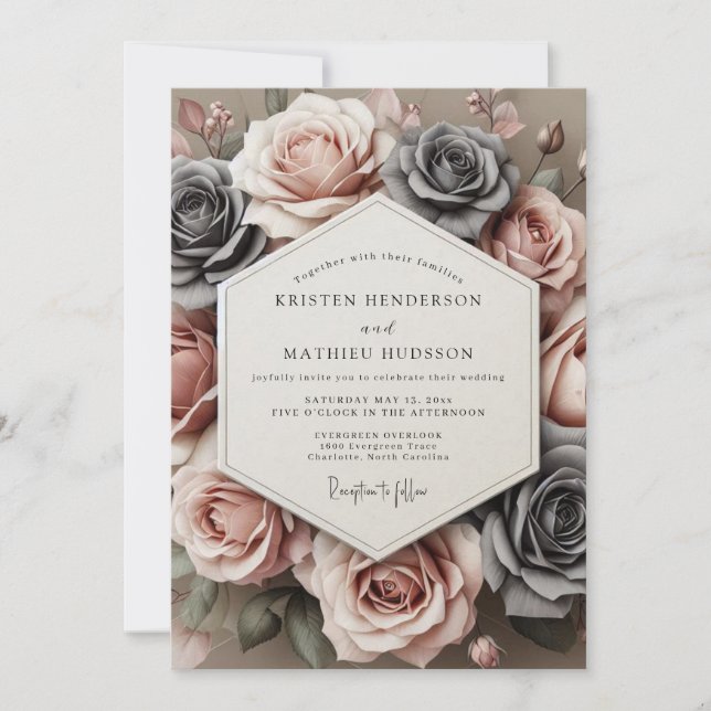 Charcoal Rose Timeless Bloom Wedding Einladung (Vorderseite)