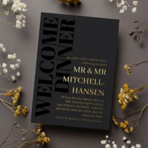 Charcoal Schwarz & Gold Typografie Willkommensesse Folieneinladung