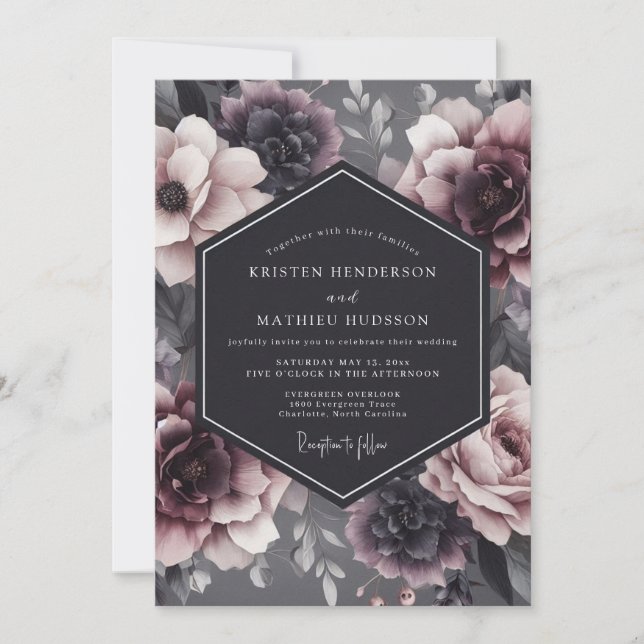 Charcoal Somber Flora Wedding Einladung (Vorderseite)