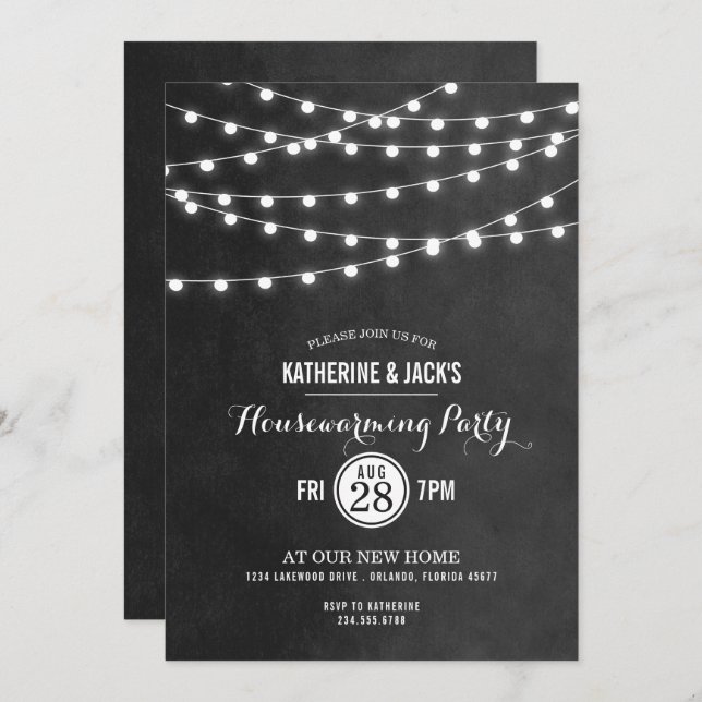 Charcoal String Lights Housewarming Party laden Einladung (Vorne/Hinten)