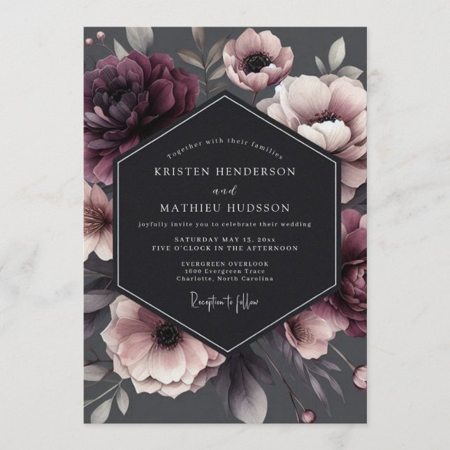 Charcoal Victorian Bloom Wedding Einladung (Vorderseite)