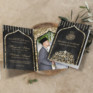 Charcoal Vintag Gold Islamische Arch-Hochzeit Einladung