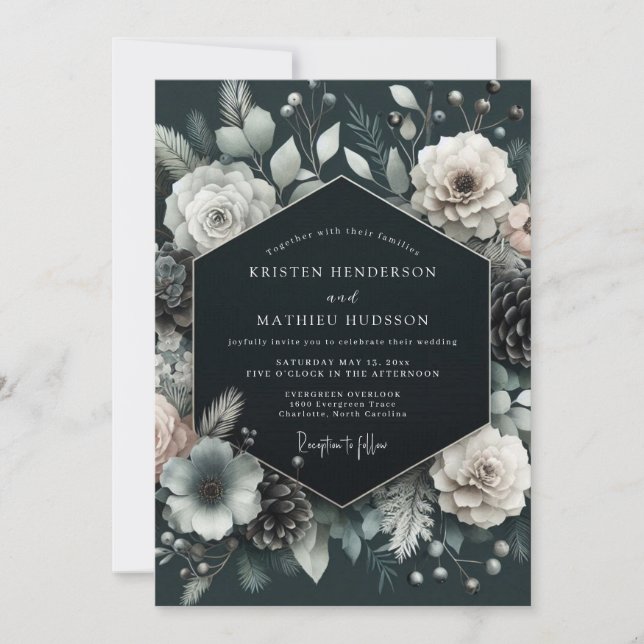 Charcoal Wintry Pine Wedding Einladung (Vorderseite)