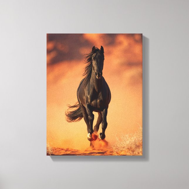 Charging Black Horse Fiery Sunset Art Leinwanddruck (Vorderseite)