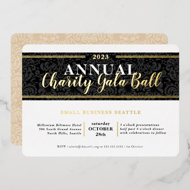 CHARITY GALA BALL elegant event black tie gold Folieneinladung (Vorderseite/Rückseite)