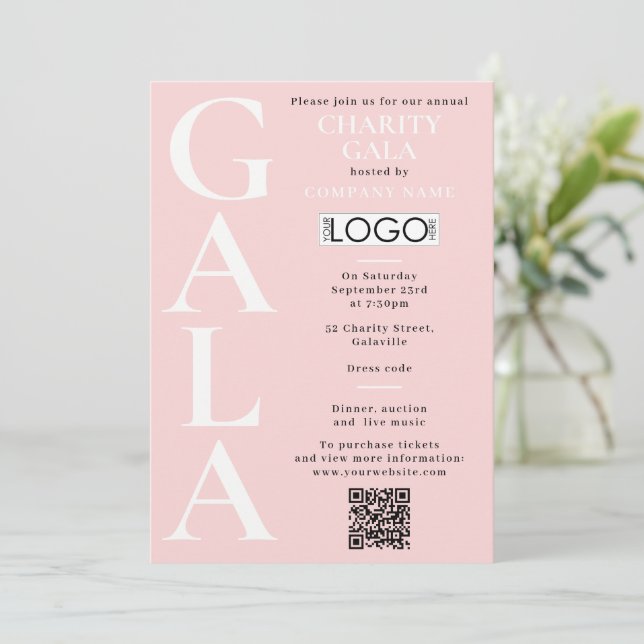 Charity Gala Fundraising Event QR Code Logo Pink Einladung (Stehend Vorderseite)