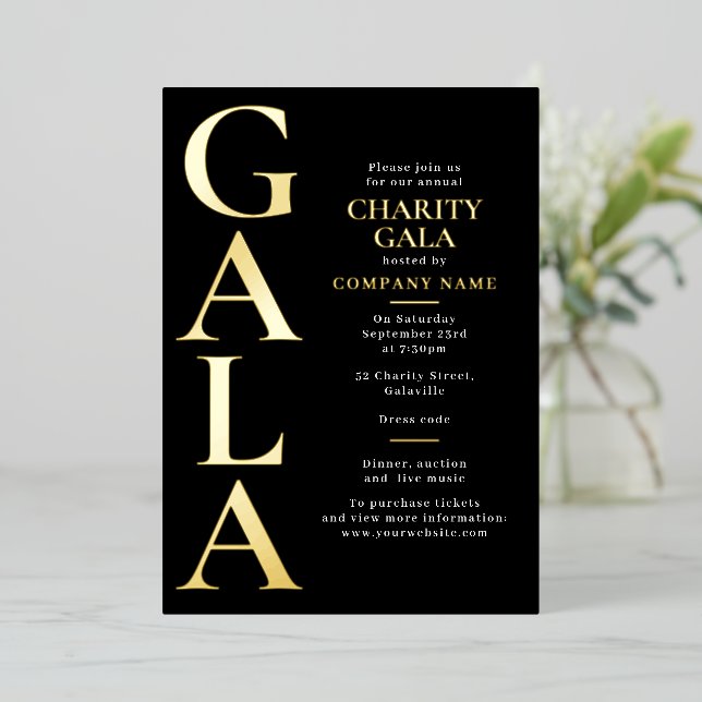 Charity Gala Template Fundraising Event Black Gold Folieneinladung (Stehend vorne)