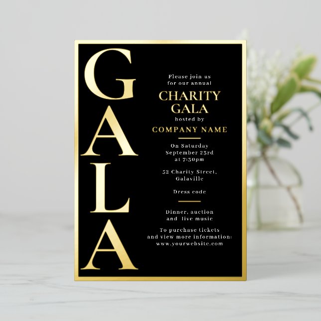 Charity Gala Template Fundraising Event Black Gold Folieneinladung (Stehend vorne)