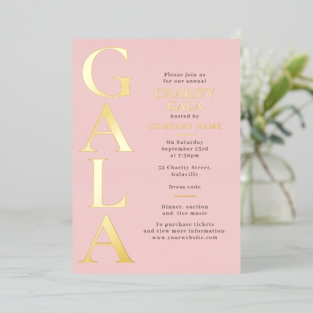 Charity Gala Template Fundraising Event Pink Gold Folieneinladung (Stehend vorne)